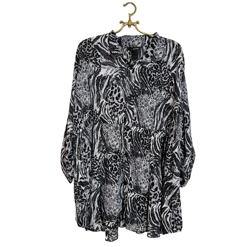 Ali Miles 2X Tiered Tunic Top Animal Print Blouse Long Sleeve Womens
